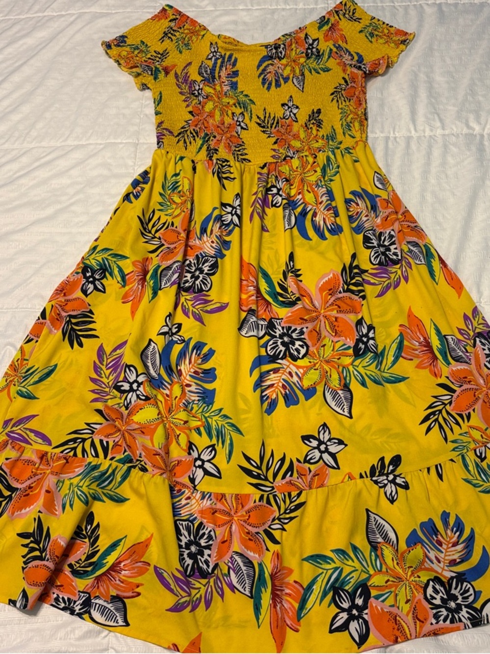 Mlle Gabrielle Yellow Tropical Floral Off-Shoulder Dress